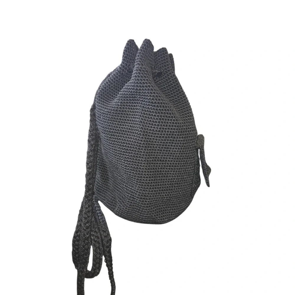The Sak Black Crochet Front Pocket Drawstring‎ Bucket Bag Backpack 12